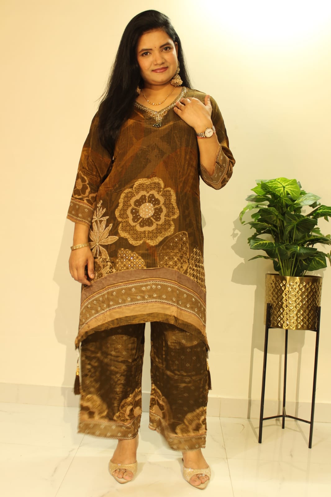 Brown printed ethnic suit